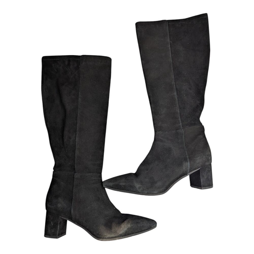 Aquatalia Karly Black Suede Knee High Pointed Toe Block Heel Minimal Boots 9.5